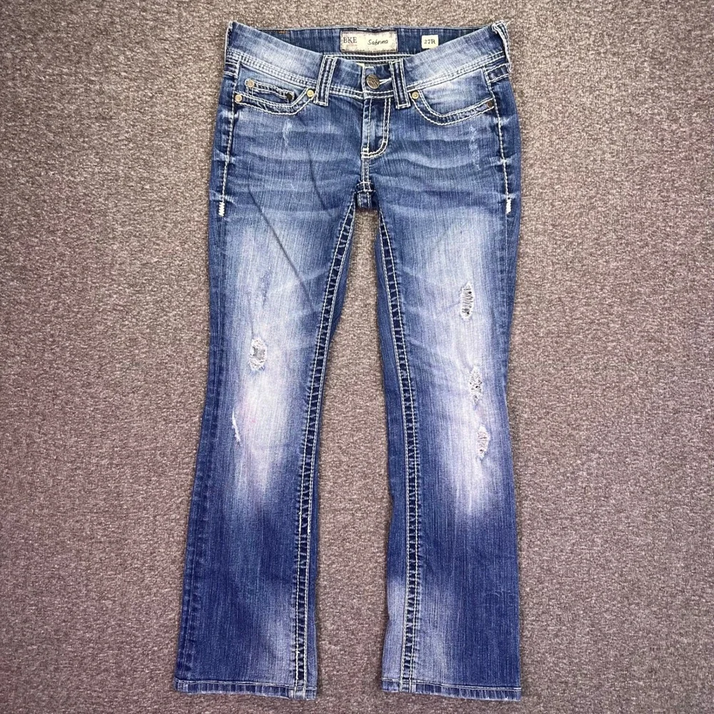 BKE Sabrina Bootcut Jeans Womens 30x28 Blue Distressed Low Rise Thick Stitch Y2K